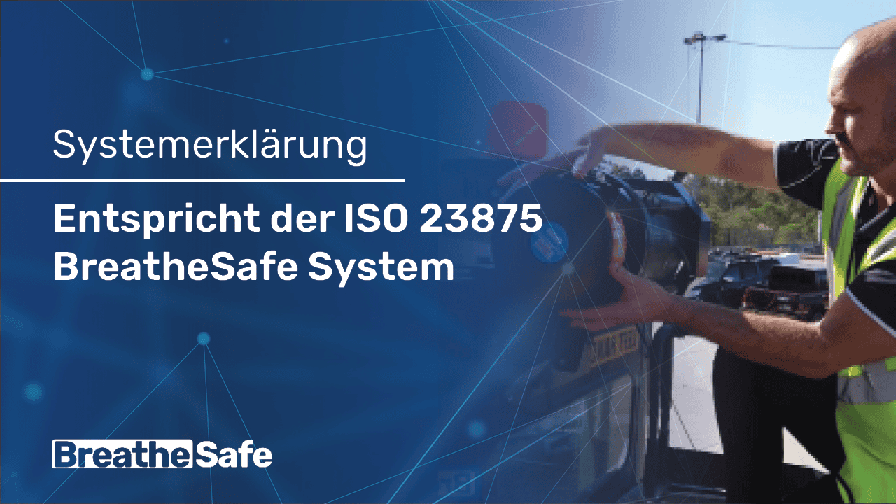 Technician demonstrating the BreatheSafe system on a vehicle, highlighting compliance with ISO 23875 standards for effective respiratory safety.