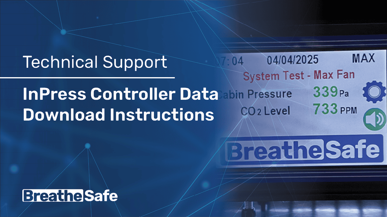 Digital display showing system test results for BreatheSafe, including max fan, cabin pressure, and CO2 levels, used for occupational health monitoring.